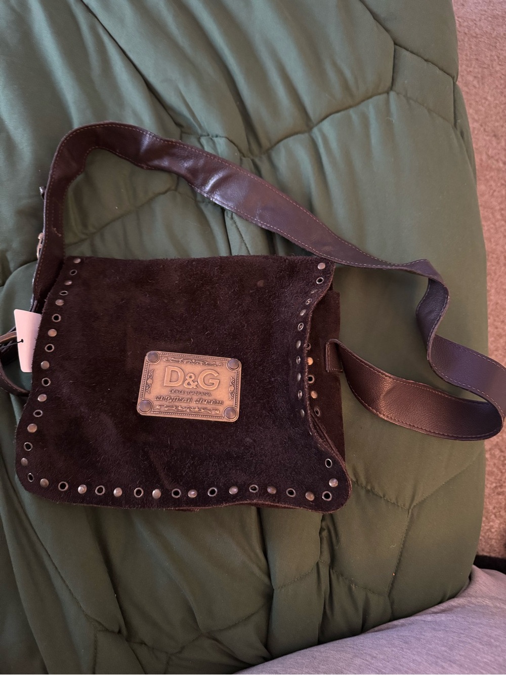 D&G Black Suede Messenger Bag with Metal Logo Plate